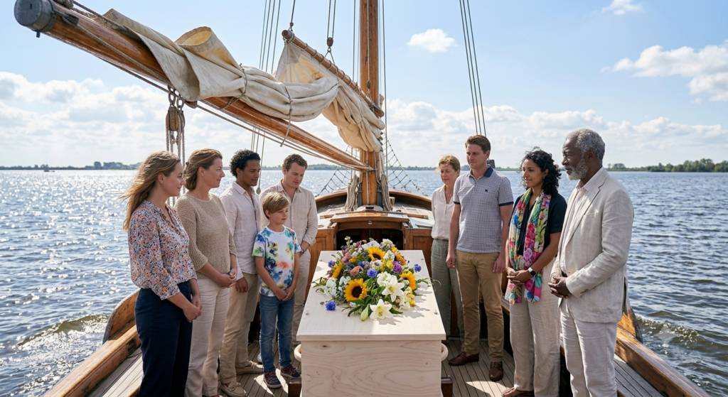 Uitvaart op een zeilboot